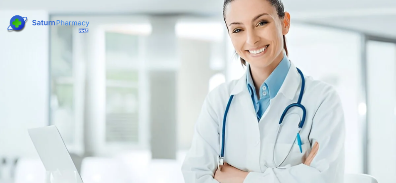 Pharmacist providing NHS minor illness consultation at Saturn Pharmacy Mitcham Lane